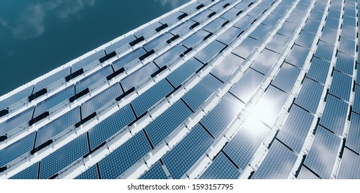 Abstract playful pattern of many floating solar panels installed on white pontoons located on calm water. 3D render.