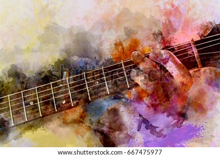 Abstract playing guitar colorful on watercolor painting background.