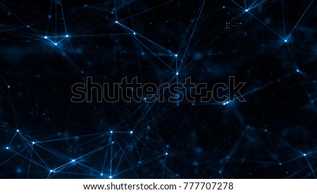 Abstract plexus structure of many glowing lines and particles. Connection concept. Creative technological background with digital composition and optical flares. 3d rendering