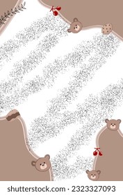 Abstract pointilism on a white background. Monochrome frame with cute bear, red cherries and cookies illustration. for frame or wall decoration.