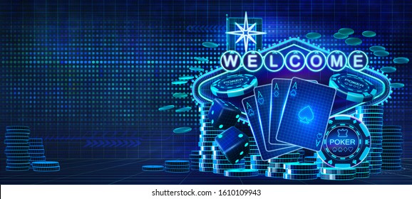 Abstract poker betting casino banner with wireframe style computer generated playing cards, poker chips, dices and a welcome neon sign. 3D illustration on a dark blue hi-tech grid background 