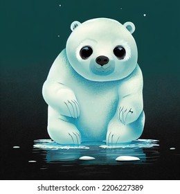 Abstract Polar Bear Cartoon Illustration, Bear With Big Eyes Sitting On Thin Ice Floe, Concept