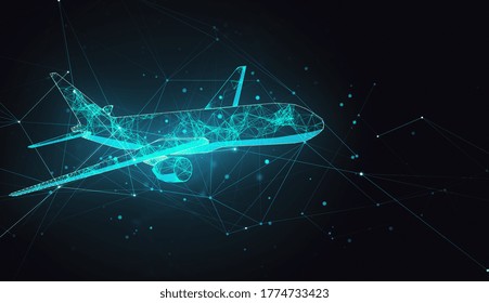 Abstract polygonal airplane on black background. AI and teamwork concept. 3D Rendering