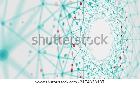 Abstract polygonal background with connected lines and dots forming circle, big data network visualization concept, virtual binary data stream, monitor screen in perspective