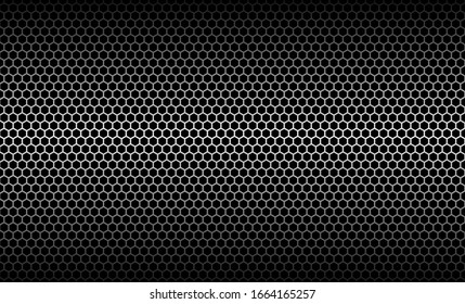 abstract polygonal background with pattern with space for design. Aluminum wire mesh material texture Steel grid with round holes and reflection on black background in diagonal perspective view.