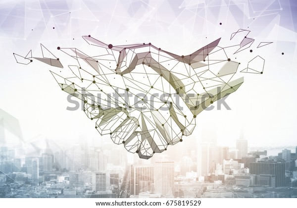Abstract polygonal handshake on bright city background. Partnership and communication concept. 3D Rendering 