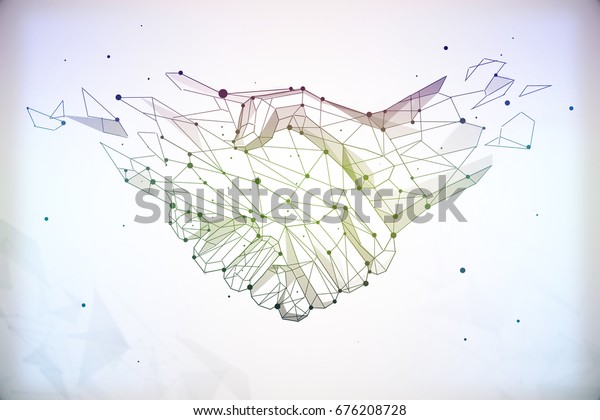 Abstract polygonal handshake on light background. Teamwork and communication concept. 3D Rendering 