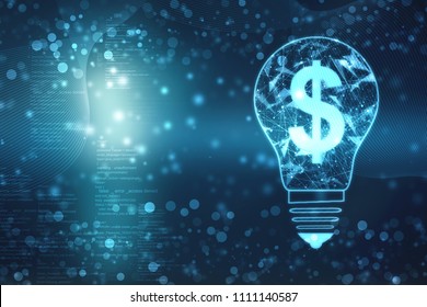 Abstract Polygonal Lamp And Dollar Sign Business Interface. Wealth, Idea, Money And Innovation Concept, Bulb Future Technology, Innovation Background, Creative Idea Concept