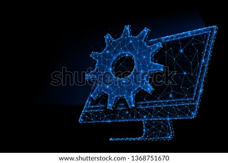 Abstract polygonal light design of computer monitor with cog gear. Business mesh spheres from flying debris. High resolution screen setting concept. Blue lines, structure style raster 3D illustration.