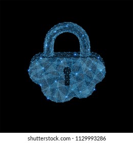 Abstract polygonal light lock in form of cloud. Business wireframe mesh spheres from flying debris. Cloud storage protection concept. Blue structure style raster illustration.