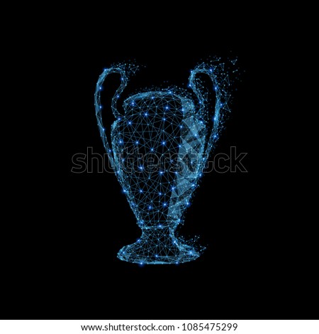 Abstract polygonal light Trophy cup sign. Business wireframe mesh spheres from flying debris. Victory concept. Blue structure style illustration.