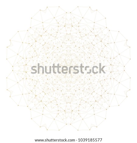 Abstract polygonal low poly backdrop with connecting dots and lines, golden mandala isolated on white background, connection structure. Digital or science design