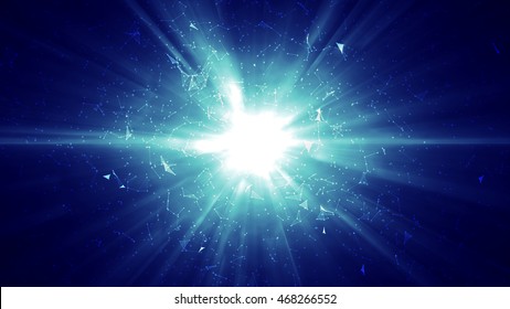 Abstract Polygonal Space Background With Connecting Dots And Lines. 3D Render. Futuristic Technology Style. Explosion Of Glowing Particles.