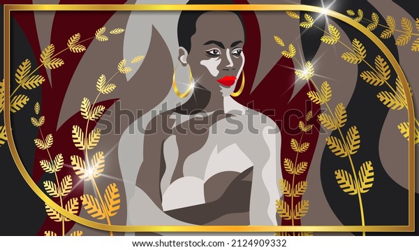 Modern African mural painting. Abstract portrait of an African girl in a golden frame. Polygonal image of a woman, smooth branches with leaves, highlights and shadows. Template for your projects.