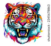 Abstract portrait of a majestic and formidable tiger in pop art style. Decorative vector art. Isolated on white background. T-shirt and stickers template 