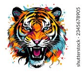 Abstract portrait of a majestic and formidable tiger in pop art style. Decorative vector art. Isolated on white background. T-shirt and stickers template 