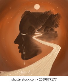 abstract portrait symbolizing depression and psychotherapy. Profile of a woman with a road and tears