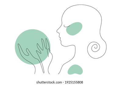 Abstract portrait woman's head in profile and two hands silhouette holding something  Drawn by hand and contour   amorphous green spots the background  Natural   simple concept 