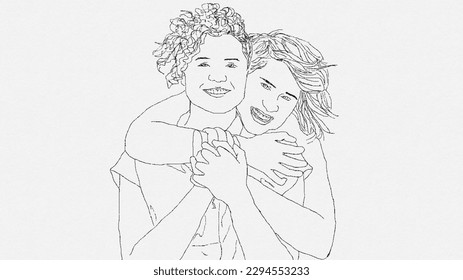 Abstract portrait young woman  Friends  sisters cute couple  Continuous one line drawing isolated white   Illustration made in solid line  black line white background  LGBTQ+ 
