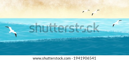 abstract poster with waves and seagulls, colorful wallpaper, modern card and banner design, abstract art, t-shirt print, wildlife poster with birds, screen paper