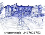 Abstract Primitive drawing of Italian casa villa house. ballpoint pen sketch. simplified drawing for practice, showcasing sketching in ballpoint pen.