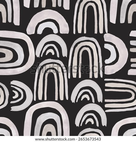 Abstract  print with geometric elements on black  background. Watercolor seamless pattern. Hand drawn  illustration. Mixed media art