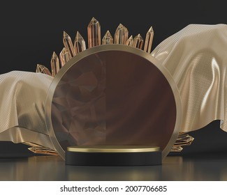 Abstract Product Display Podium Platform With Amber Crystal 3d Rendering Backdrop