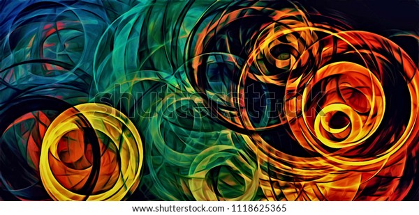 abstract psychedelic background colored fractal hotspots arranged circles and spirals of different sizes Digital graphic design alchemy. magic