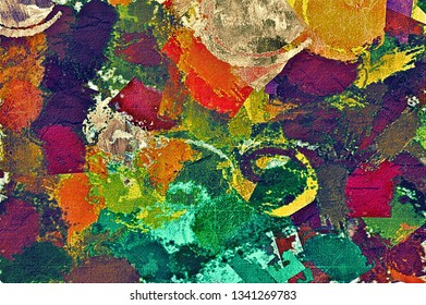 abstract psychedelic background with the texture of applying underpainting. Computer stylization of oil strokes of paint with brushes of different shapes and sizes