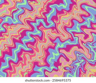
Abstract psychedelic marble pattern for texture background. Vibrant wavy colours in soft pink, coral, magenta, purple, blue, and electric green. Inspired by psychedelic era in 1950s 1960s.