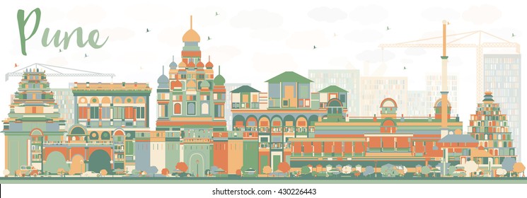 Abstract Pune Skyline With Color Buildings. Business Travel And Tourism Concept With Historic Buildings. Image For Presentation Banner Placard And Web Site.