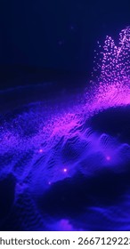 Abstract purple data wave made of glowing particles and flowing grid structures on a dark background.