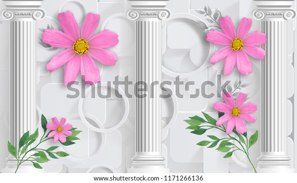 Abstract purple flowers on white background with columns. Wallpaper for the walls. 3D rendering.
