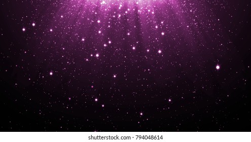 Abstract purple glitter particles background with shining stars falling down and light flare or glare overlay effect above for luxury premium product design template backdrop. Magic light radiance