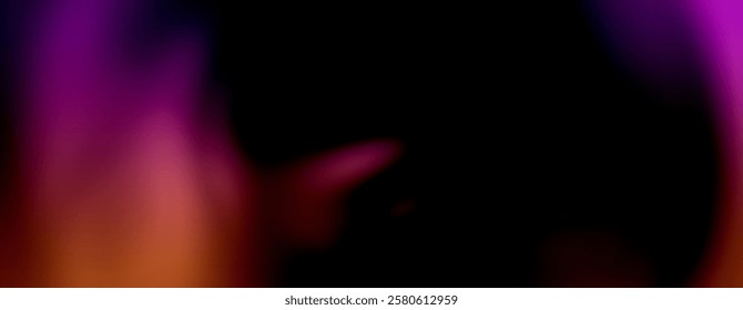 Abstract purple orange gradient background features soft blurry light streaks over a dark black space.
