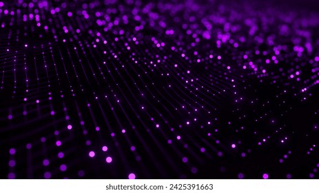 Abstract purple wave particle background. Glowing random dots. Hi-tech, big data visualization, futuristic, digital technology connection and innovation concept. 3d rendering