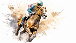 Abstract Racing Horse With Jockey From A Splash Of Watercolors On White Background. Illustration Of Paints