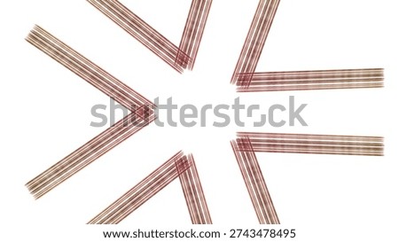 Abstract radial pattern of parallel reddish brown lines on white, geometric starburst design element