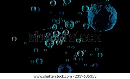 Abstract random flight of air bubbles. Side view. Beautiful backdrop for relaxation. Suitable for any musical arrangement. 3D. 4K. Isolated black background. Stock fotó © 