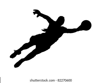 An abstract raster illustration of a (female) goalie during the save of a shot.