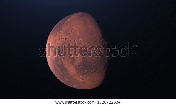 Abstract\
realistic beautiful planet Mars on deep space background.\
Animation. Flight over the Mars, black shadow moving and hiding the\
surface of the planet, astronomy\
concept.