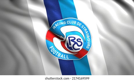 Abstract realistic french association football flag. Motion. Racing Club de Strasbourg Alsace flag. For editorial use only.