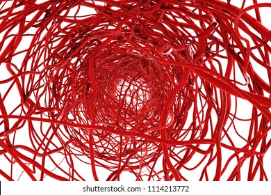 abstract red blood veins arteries, aorta knit tangled zoomed in on white background. medical science of anatomy human body concept. gene dna or vascular disease. clipping path. 3D Illustration.