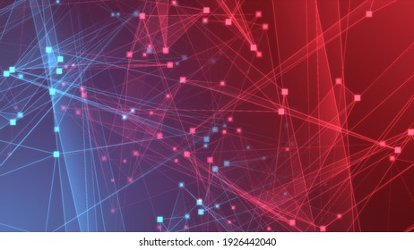 Abstract Red Blue Polygon Tech Network With Connect Technology Background. Abstract Dots And Lines Texture Background. 3d Rendering.