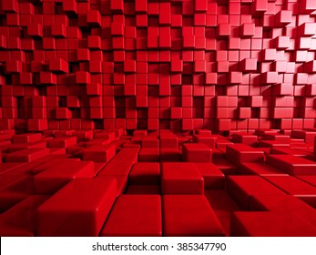 Abstract Red Cube Blocks Wall Background. 3d Render Illustration