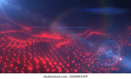 Abstract red digital wave particles with lens flare, futuristic tech concept.