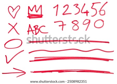 Abstract red doodle scribble set, hand drawn lines heart arrow check mark numbers highlight circle cut out design elements