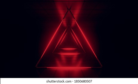 Abstract Red Futuristic Background. Space From Glowing Neon Light Tubes Of Astera On A Black Background. Abstract Technology. Tunnel Interior View From A Triangle. Led Lamp. 3d Rendering