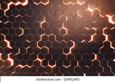 Abstract Red Of Futuristic Surface Hexagon Pattern With Light Rays. 3D Rendering