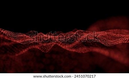Abstract Red gradient hologram dynamic wave of particles. Digital technology background